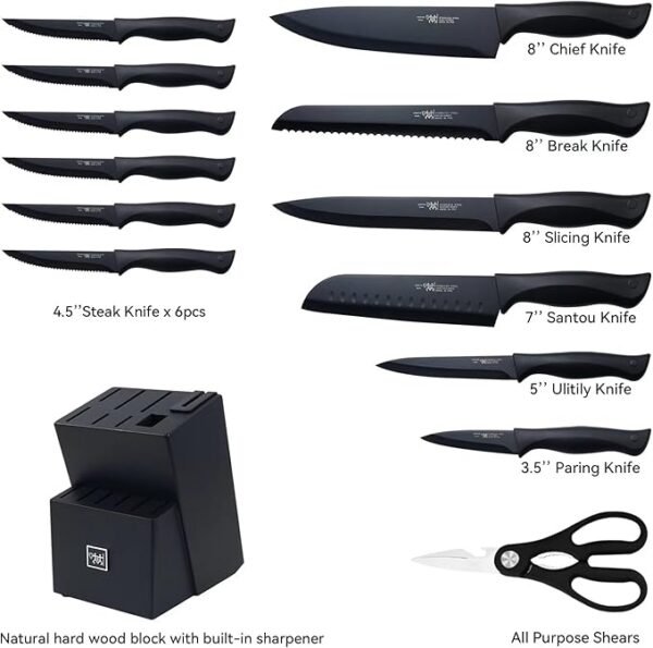 Knife Set, HUNTER.DUAL 15 Pcs Kitchen Knife Set with Block Self Sharpening, Dishwasher Safe, Anti-slip Handle, Black - Image 2