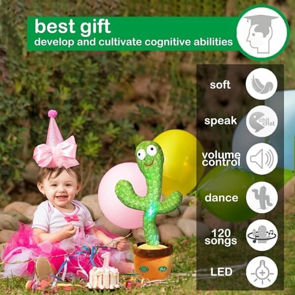 Pbooo Dancing Talking Cactus Mimicking Toy,Talking Repeat Singing Sunny Cactus Toy 120 Pcs Songs for Baby 15S Record Your Sound Sing+Dancing+Recording+LED - Image 3