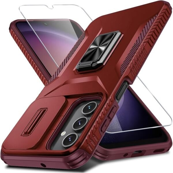 for Samsung Galaxy A16 5G Case with Tempered Glass Screen Protector and Camera Lens Cover,Rotated Ring Stable Kickstand,Heavy Duty Shockproof Protective Phone Cover-Red - Image 2