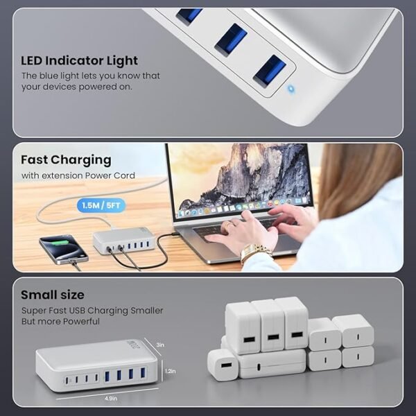 USB C Charger 200W USB C Charger Block,Upgraded GaN III 8-Port Fast Charging Station Hub,PD 65W Laptop Charger Adapter Compatible with MacBook Pro/Air,DELL,Steam Deck,iPhone 16/15/14,Galaxy S23/22 etc - Image 3