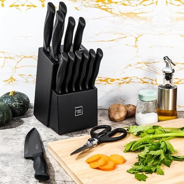 Knife Set, HUNTER.DUAL 15 Pcs Kitchen Knife Set with Block Self Sharpening, Dishwasher Safe, Anti-slip Handle, Black - Image 6