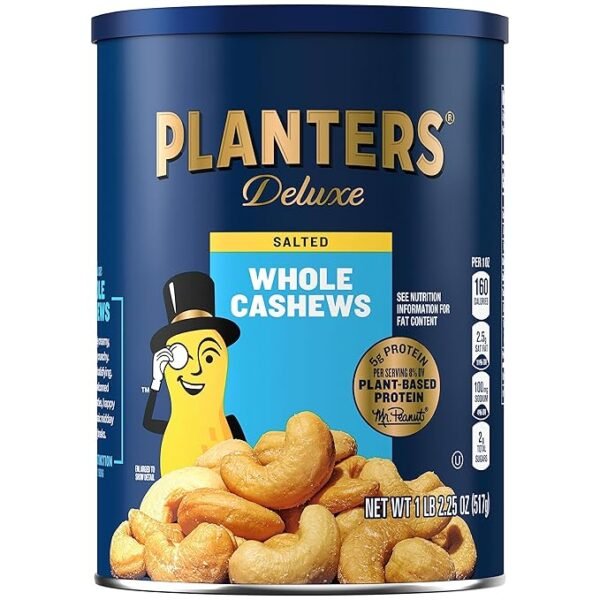 PLANTERS Deluxe Salted Whole Cashews, Party Snacks, Plant-Based Protein, Quick Snack for Adults, After School Snack, Roasted Cashew Flavored with Sea Salt, Bulk Nuts, Kosher, 1 lb 2.25oz Canister